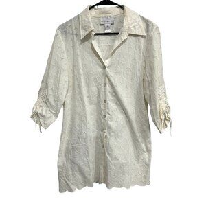 Susan Graver White Eyelet Button Down Shirt Ruched Sleeves Scalloped Hem Sz M